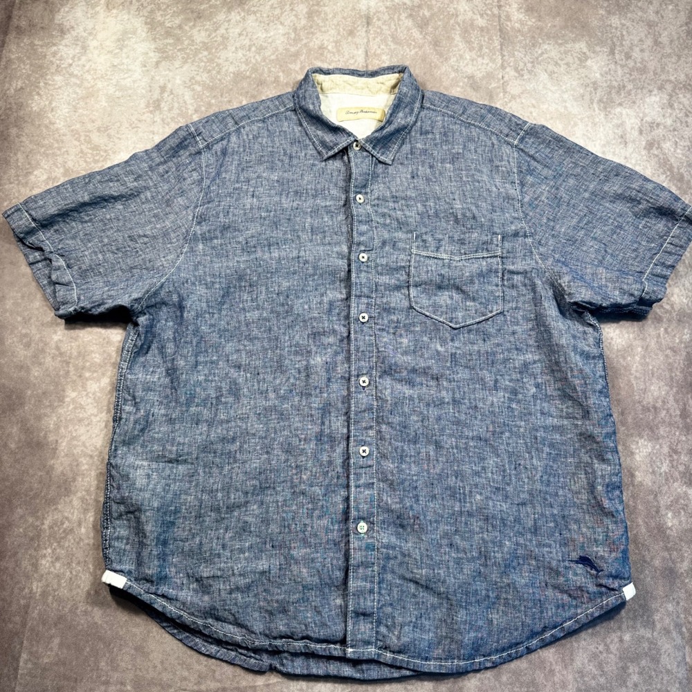 Tommy Bahama Mens XL Blue 100% Linen Short Sleeve Button Down Shirt Marlin Logo - Picture 2 of 9